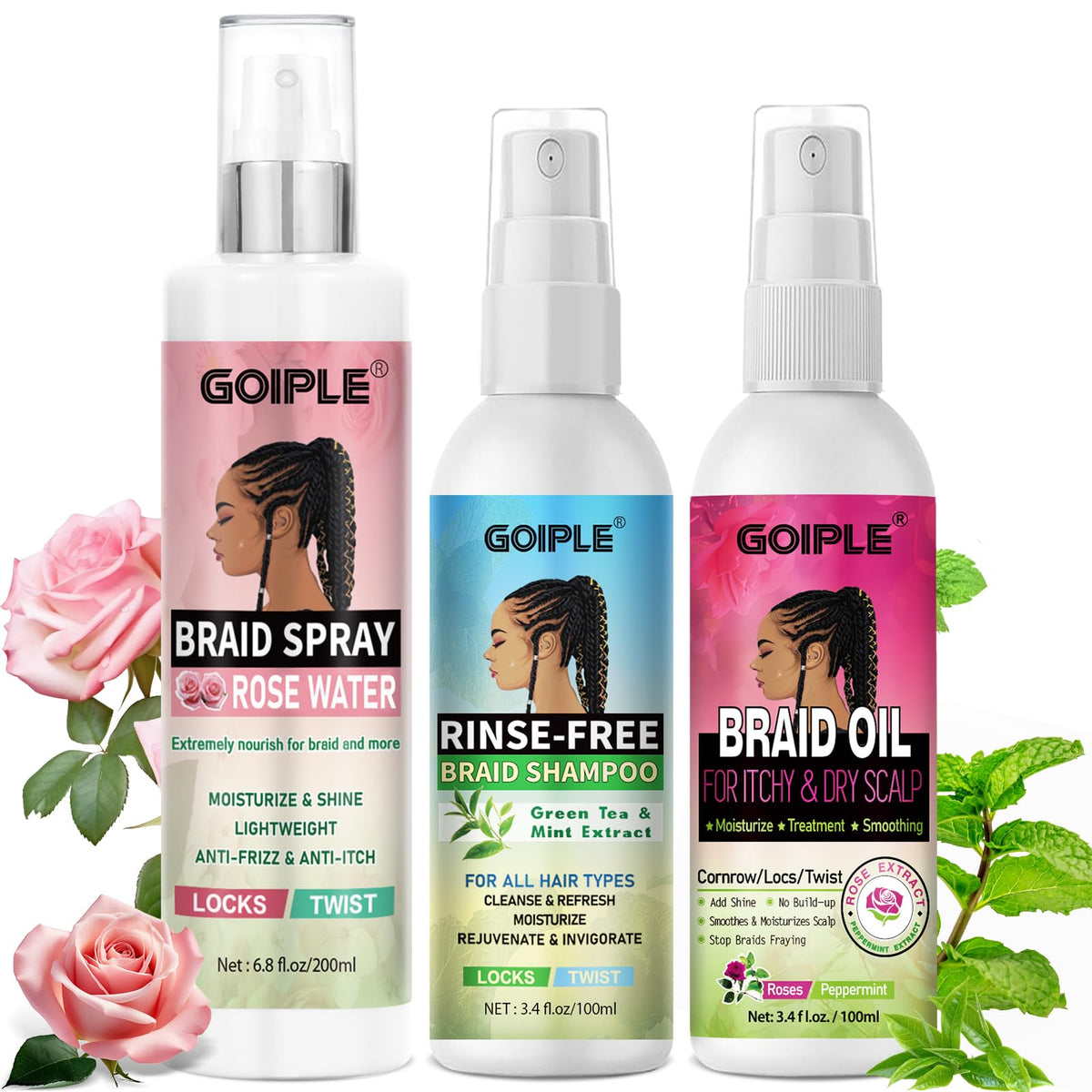 Goiple front packaging showing braid spray bottle and logo for quick identification and trust