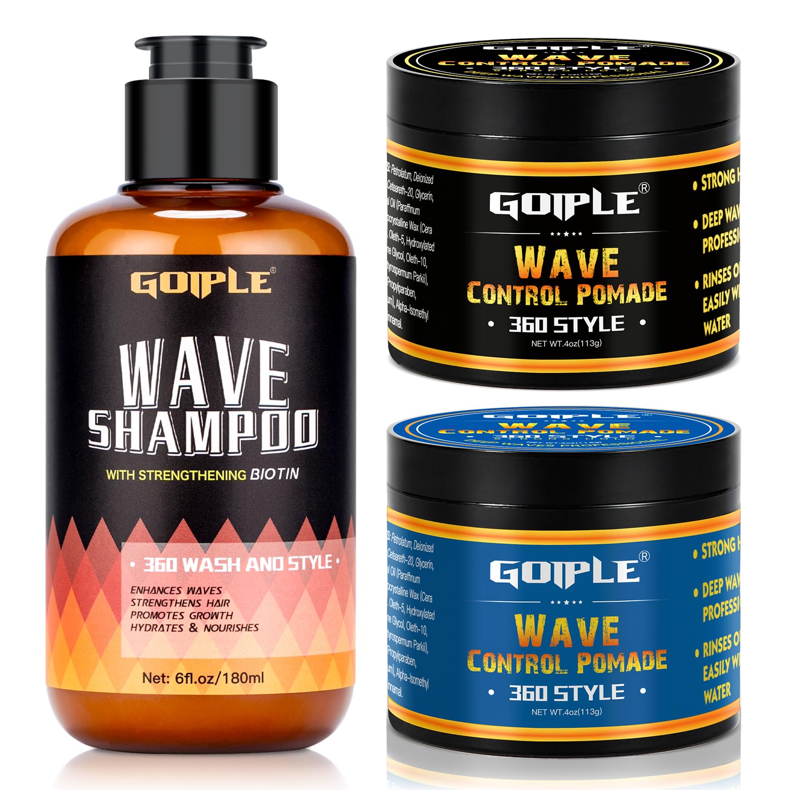 Goiple front packaging showing pomade and shampoo, easy routine benefit