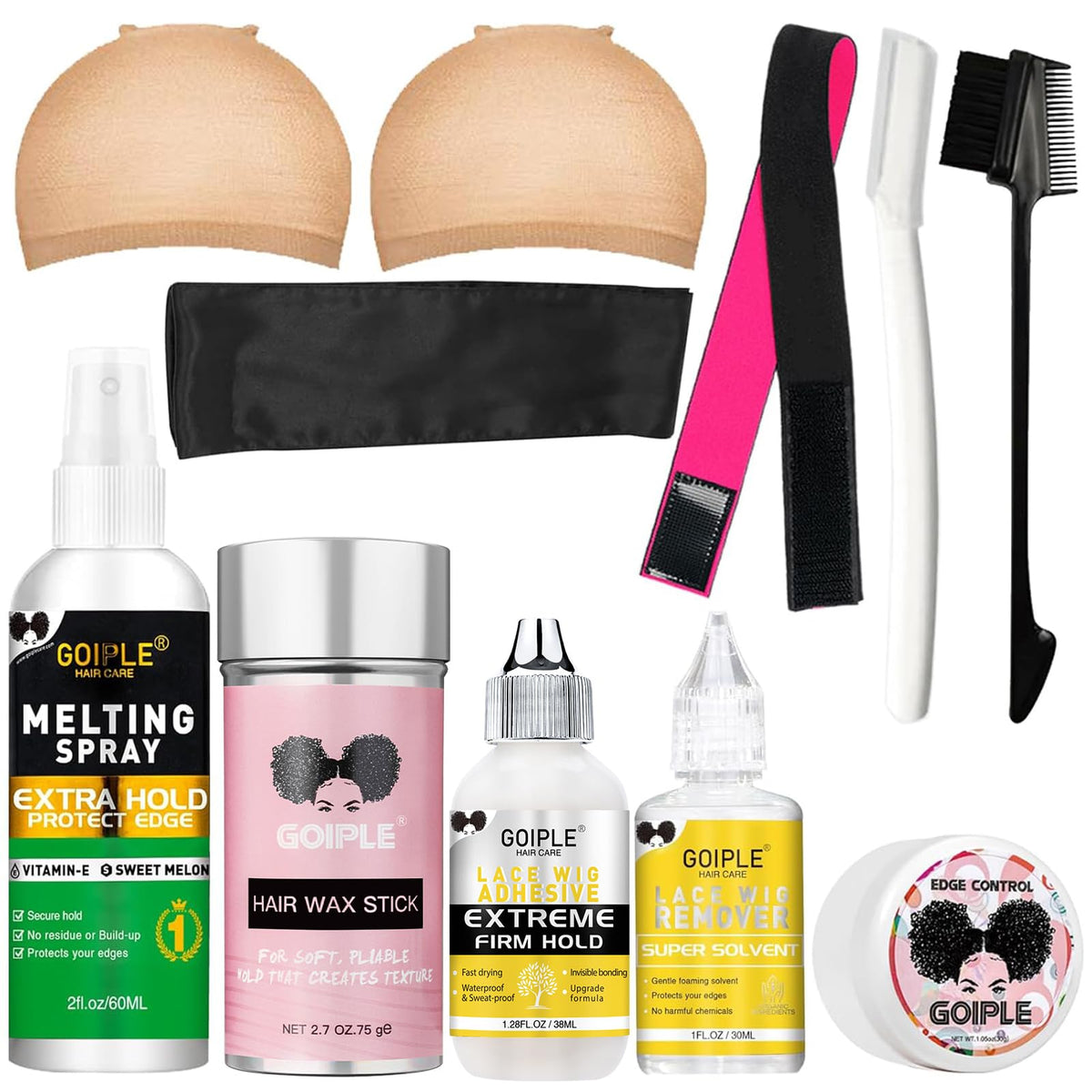 Goiple front packaging of 10-piece wig accessory kit for complete installs