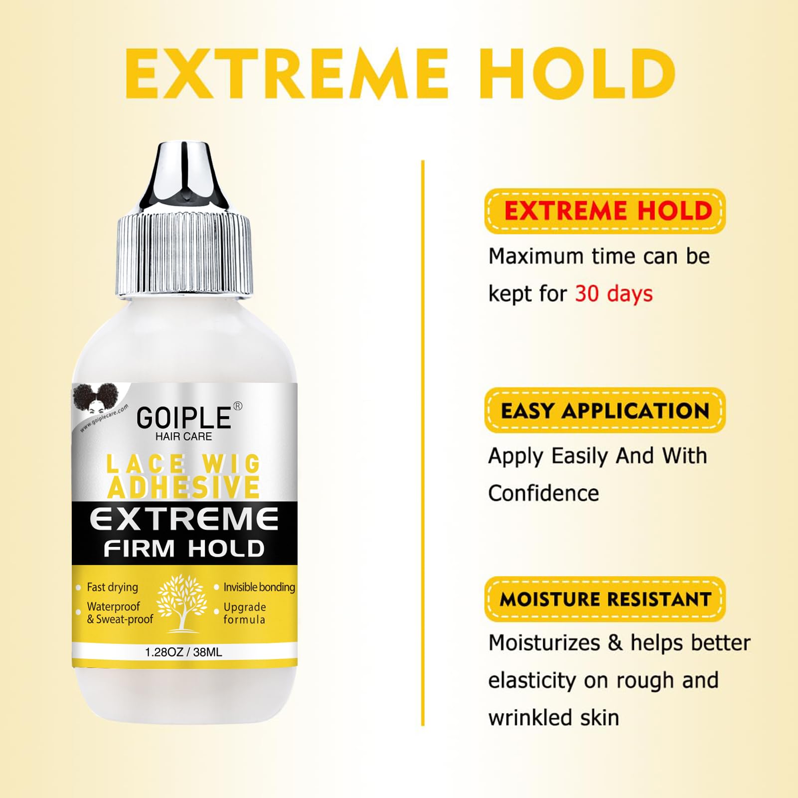 Goiple wig glue and remover bottles shown for secure bond and safe removal