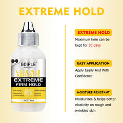 Goiple glue 1.28 fl oz and remover 1 fl oz bottles close-up for secure invisible bond