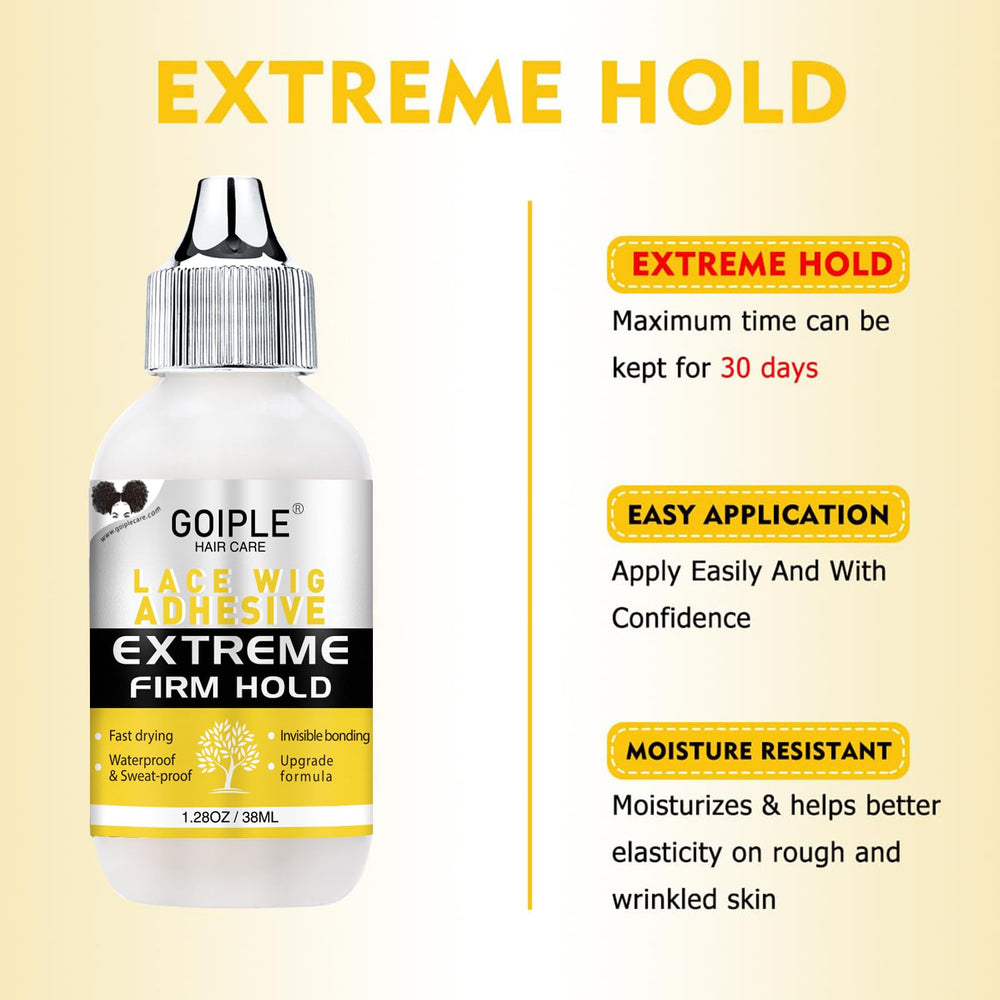 Goiple wig glue and remover bottles shown for secure bond and safe removal