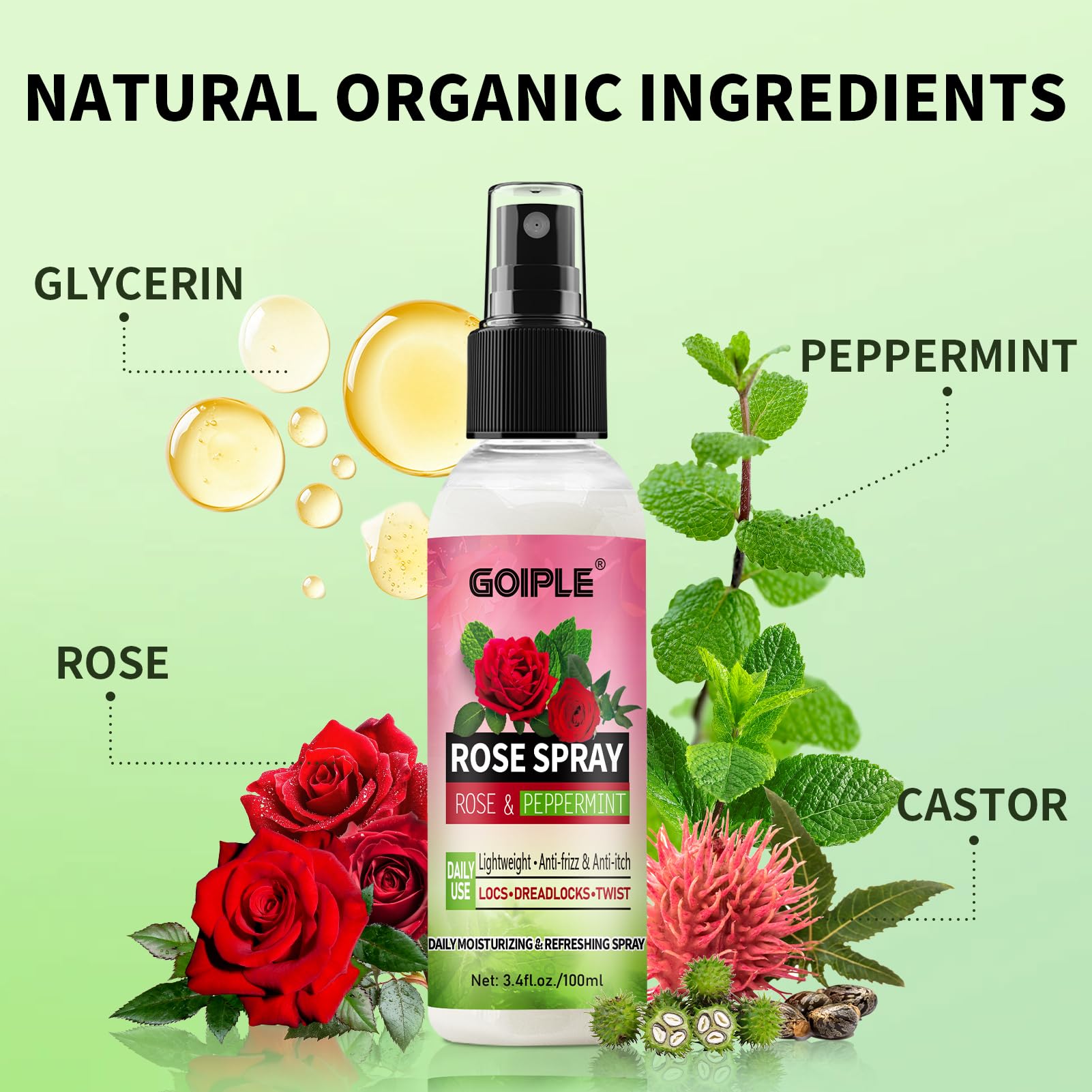 Goiple rosemary oil bottle label close-up highlighting nourishing blend