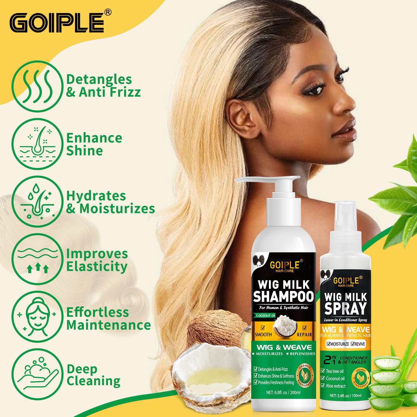 Goiple close-up synthetic fiber texture, shows smooth, frizz-free finish