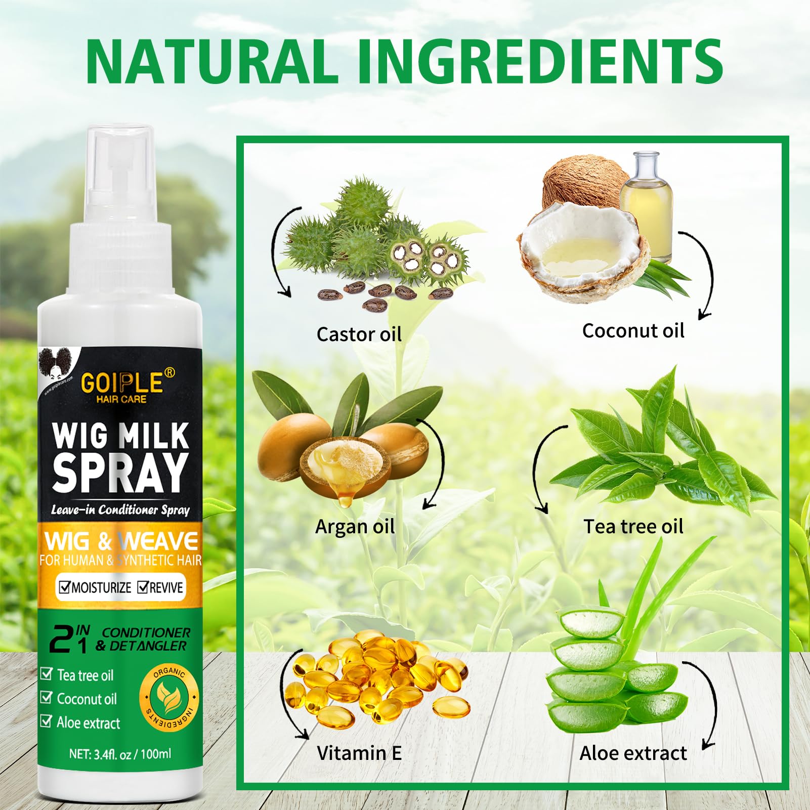 Goiple wig milk spray misting over wig, detangles and hydrates instantly