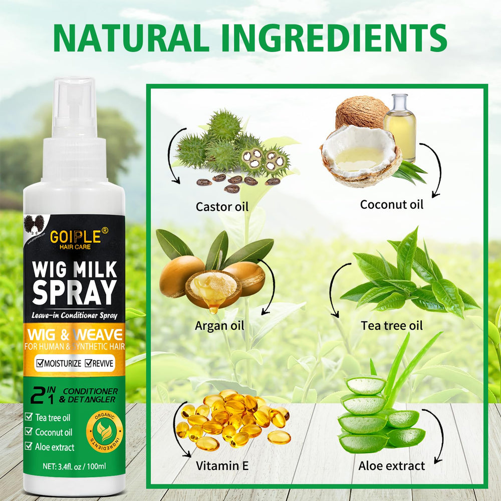 Goiple wig milk spray misting over wig, detangles and hydrates instantly