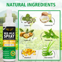 Goiple wig milk spray misting over wig, detangles and hydrates instantly
