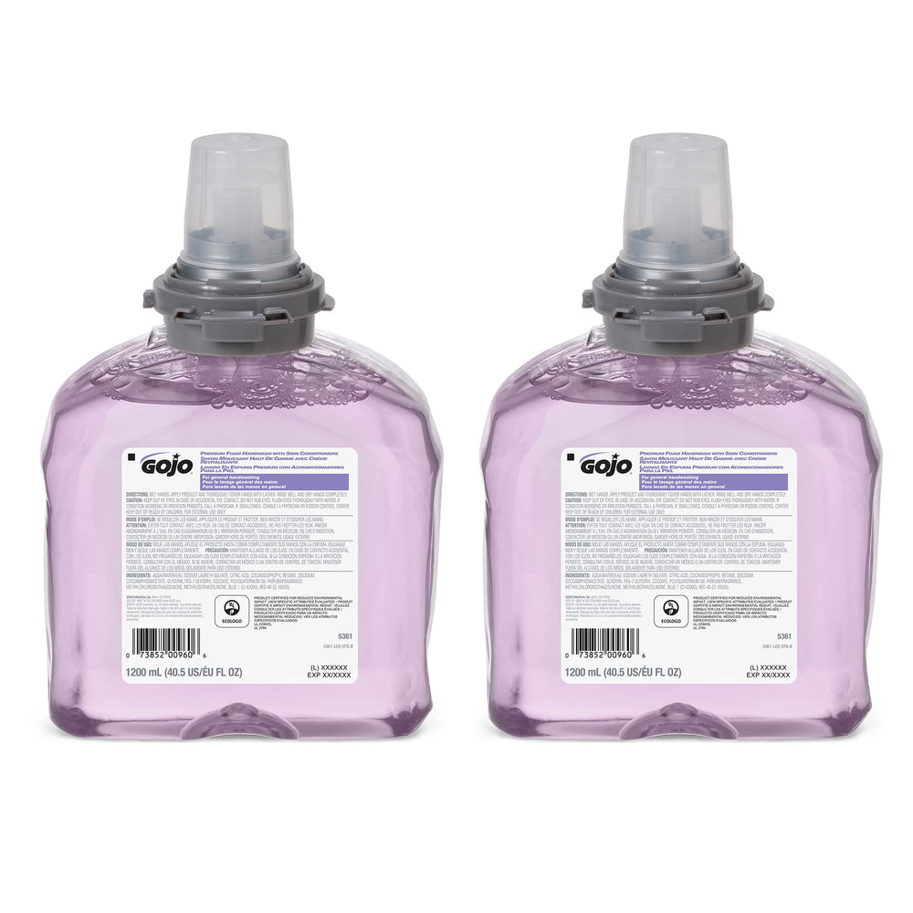 GOJO TFX front packaging showing two sealed cranberry refills and clear labeling for easy stocking