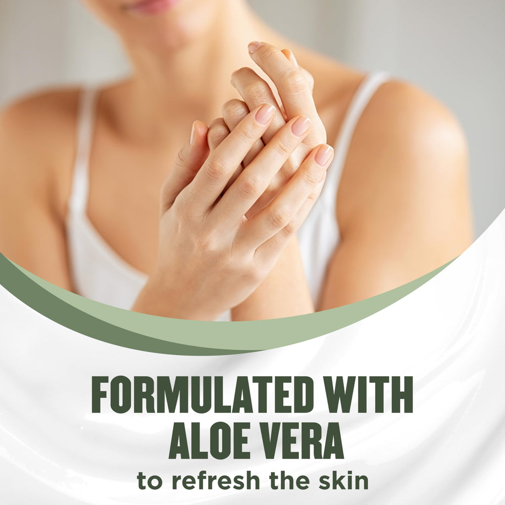 Gold Bond cedar rain being applied to hands demonstrating quick absorption and softness