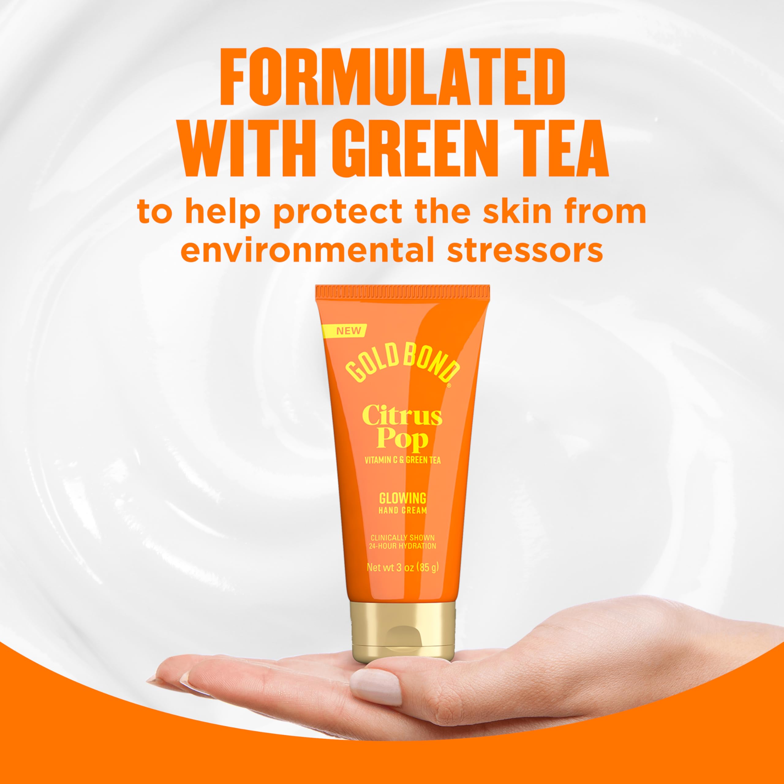 Person applying Gold Bond Citrus Pop on hands for quick non-greasy moisturization