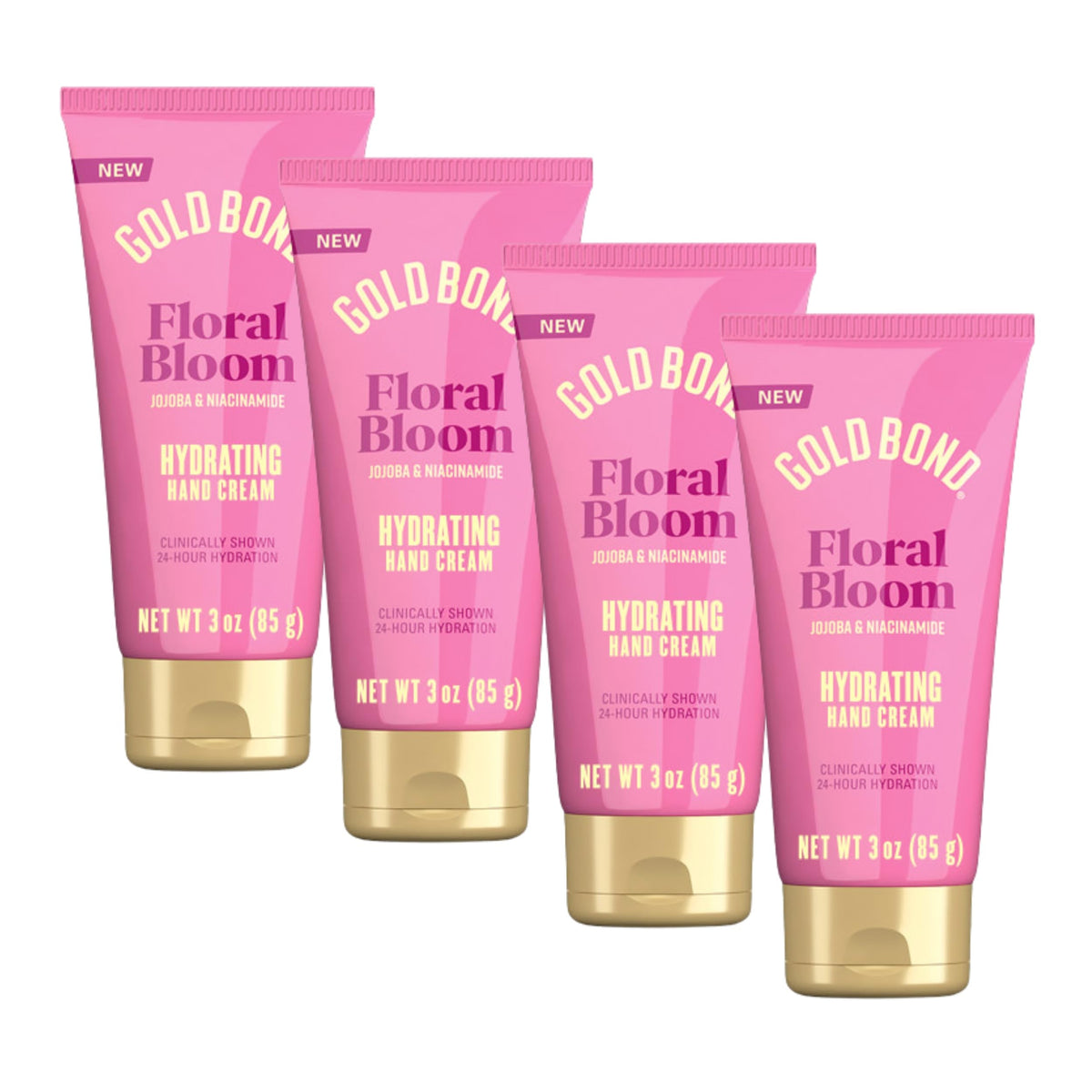 Gold Bond front packaging showing four 3 oz bottles and floral design for convenient hydration