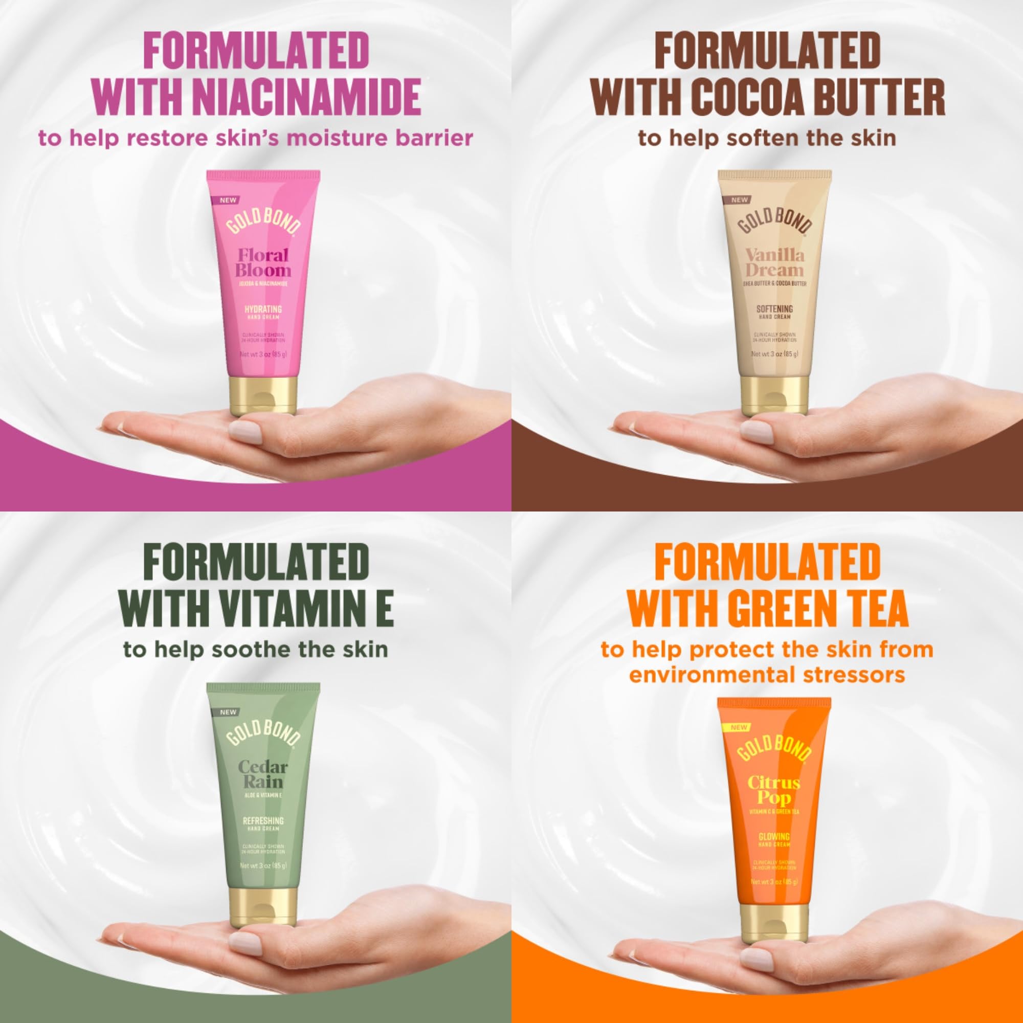 Gold Bond four bottles lined up displaying Floral Bloom, Cedar Rain, Citrus Pop, Vanilla Dream
