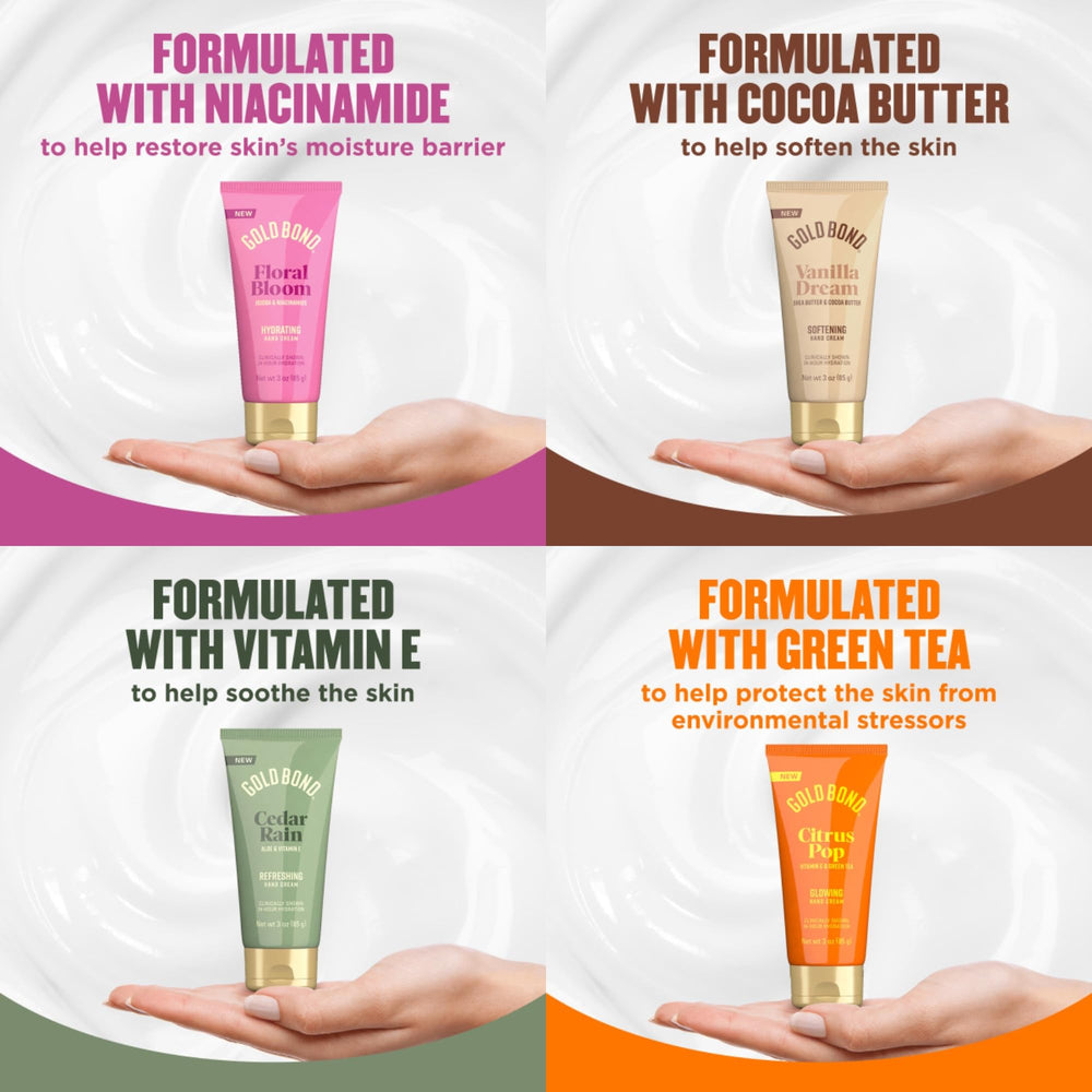 Gold Bond four bottles lined up displaying Floral Bloom, Cedar Rain, Citrus Pop, Vanilla Dream