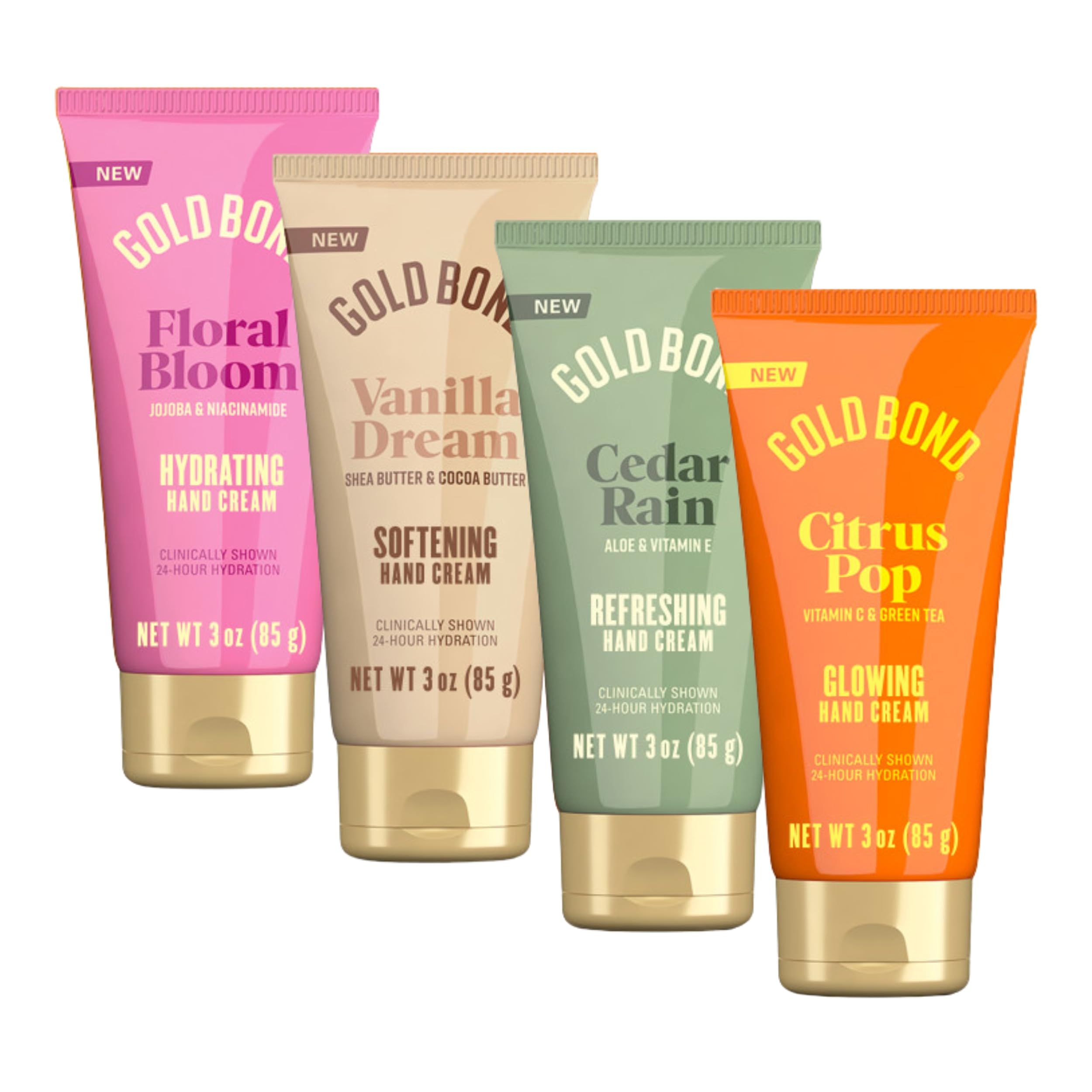 Gold Bond front packaging showing four-scent hand cream set with quick hydration