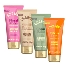 Gold Bond front packaging showing four-scent hand cream set with quick hydration