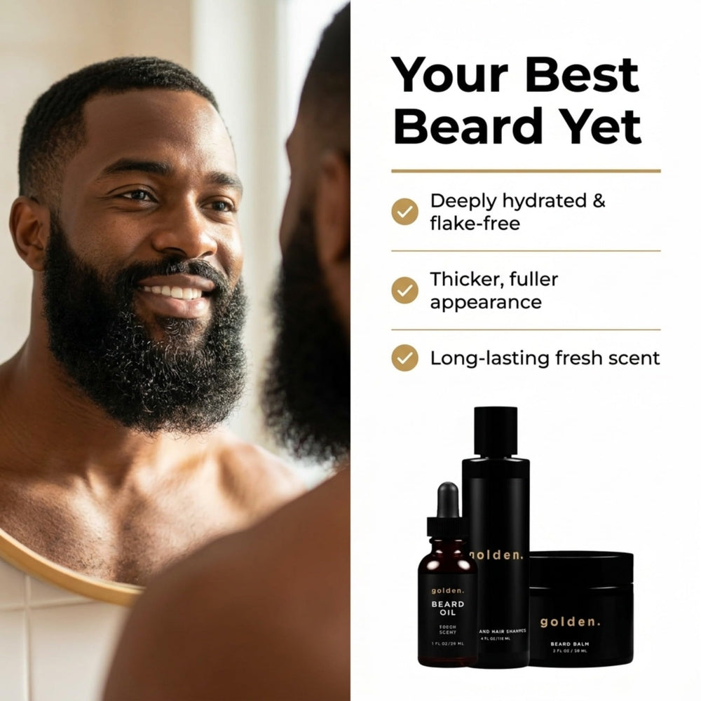 Golden Grooming Company balm being worked into beard to smooth and control