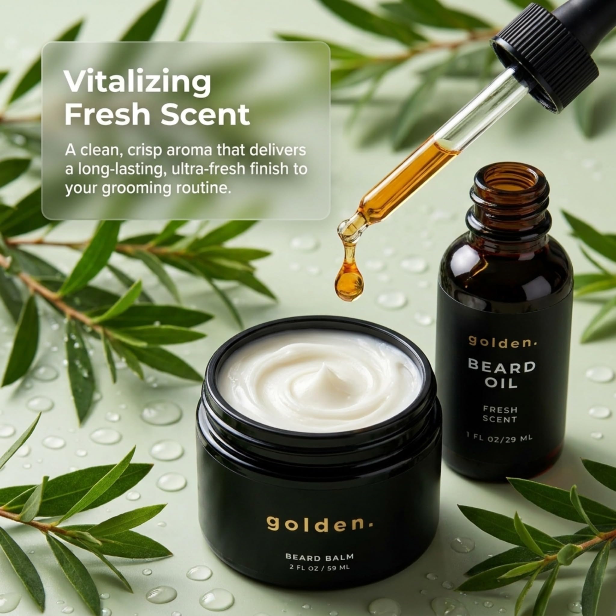 Golden Grooming Company shampoo, balm, oil lined up to show travel-friendly sizes