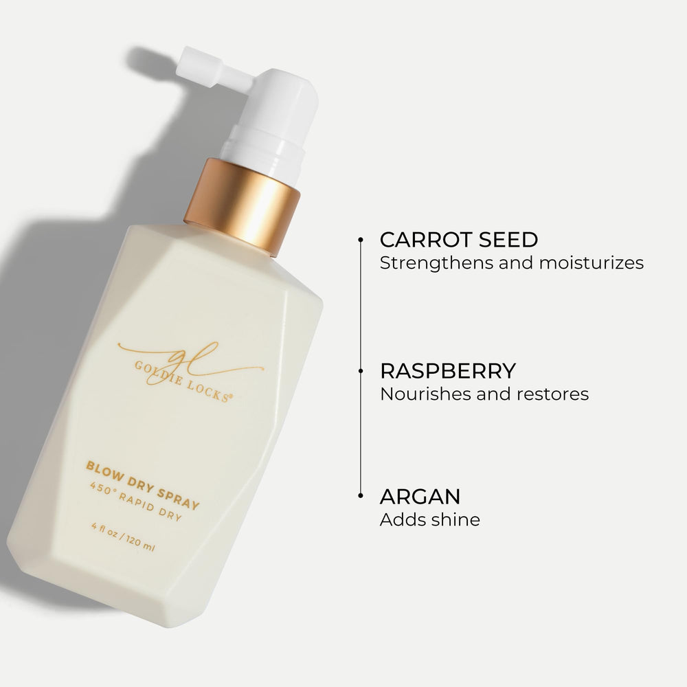 Goldie Locks mist applied to damp hair speeding blow dry and reducing frizz