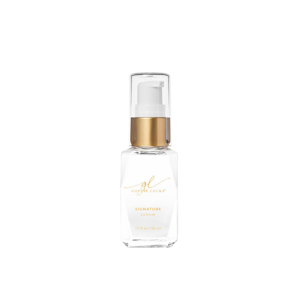 Goldie Locks front bottle showing label and compact travel size, adds shine