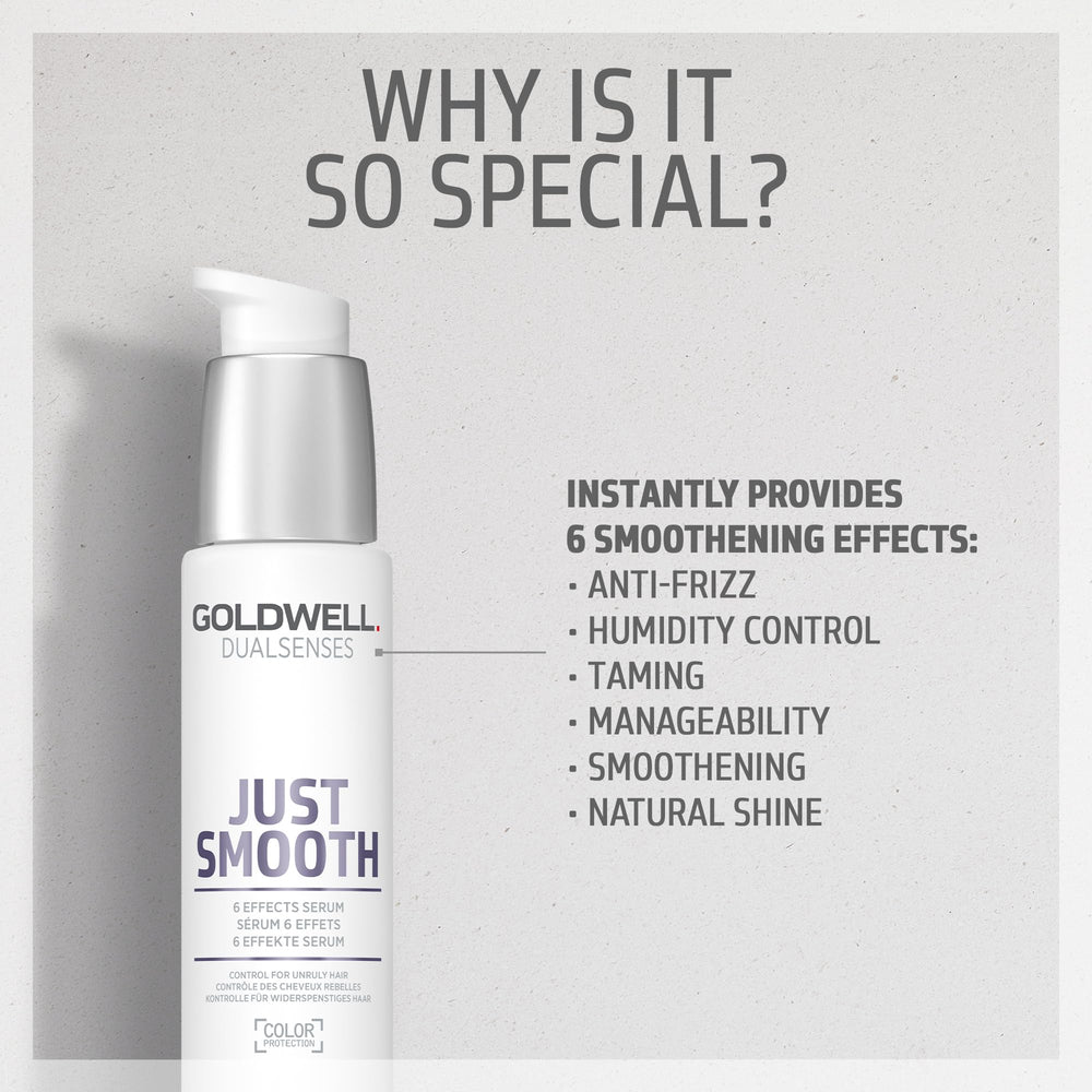 Goldwell smoothed onto dry hair eliminating flyaways and boosting natural shine