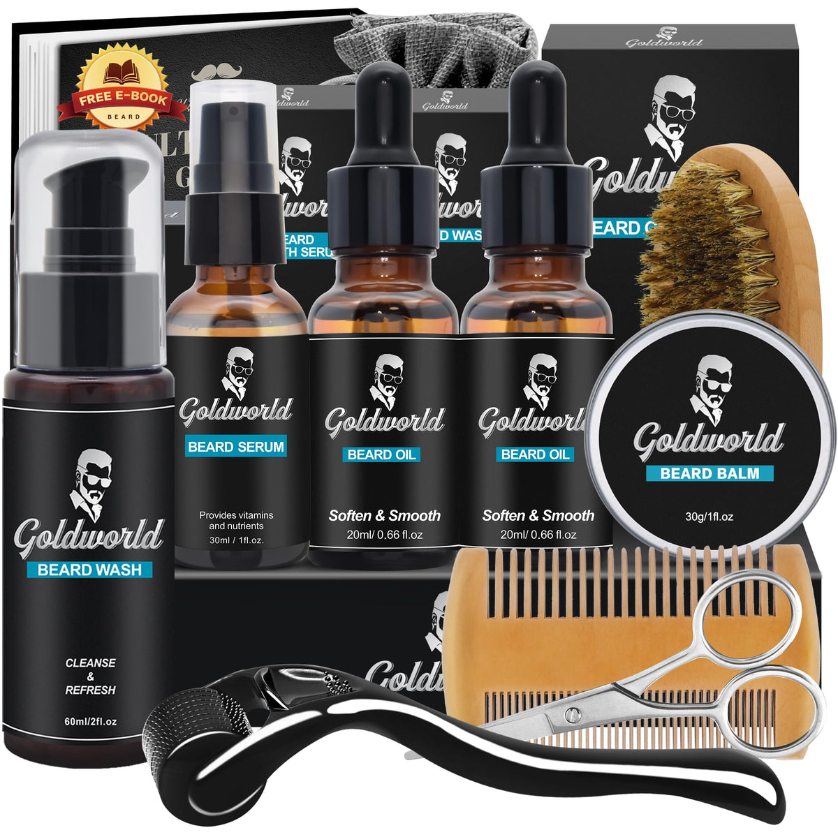 GoldWorld front packaging showing full beard kit and contents for easy gifting