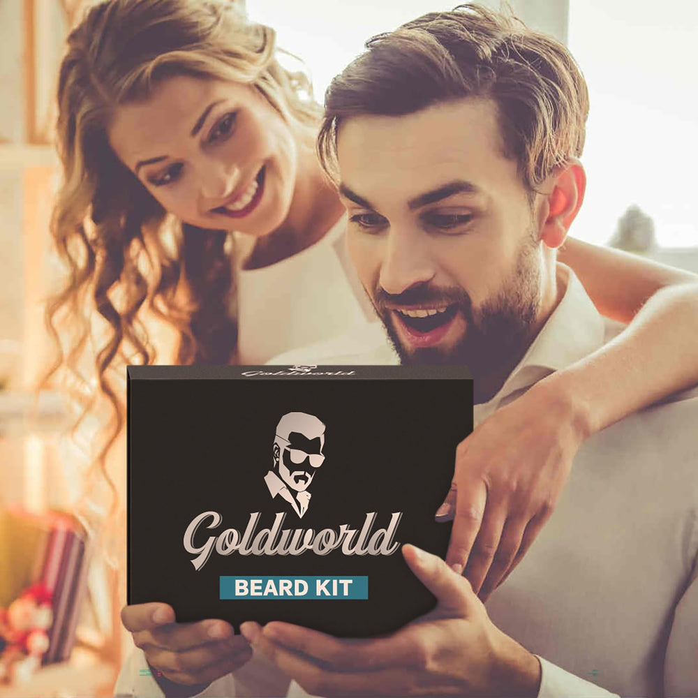 GoldWorld lifestyle shot of daily beard care routine promoting healthy appearance