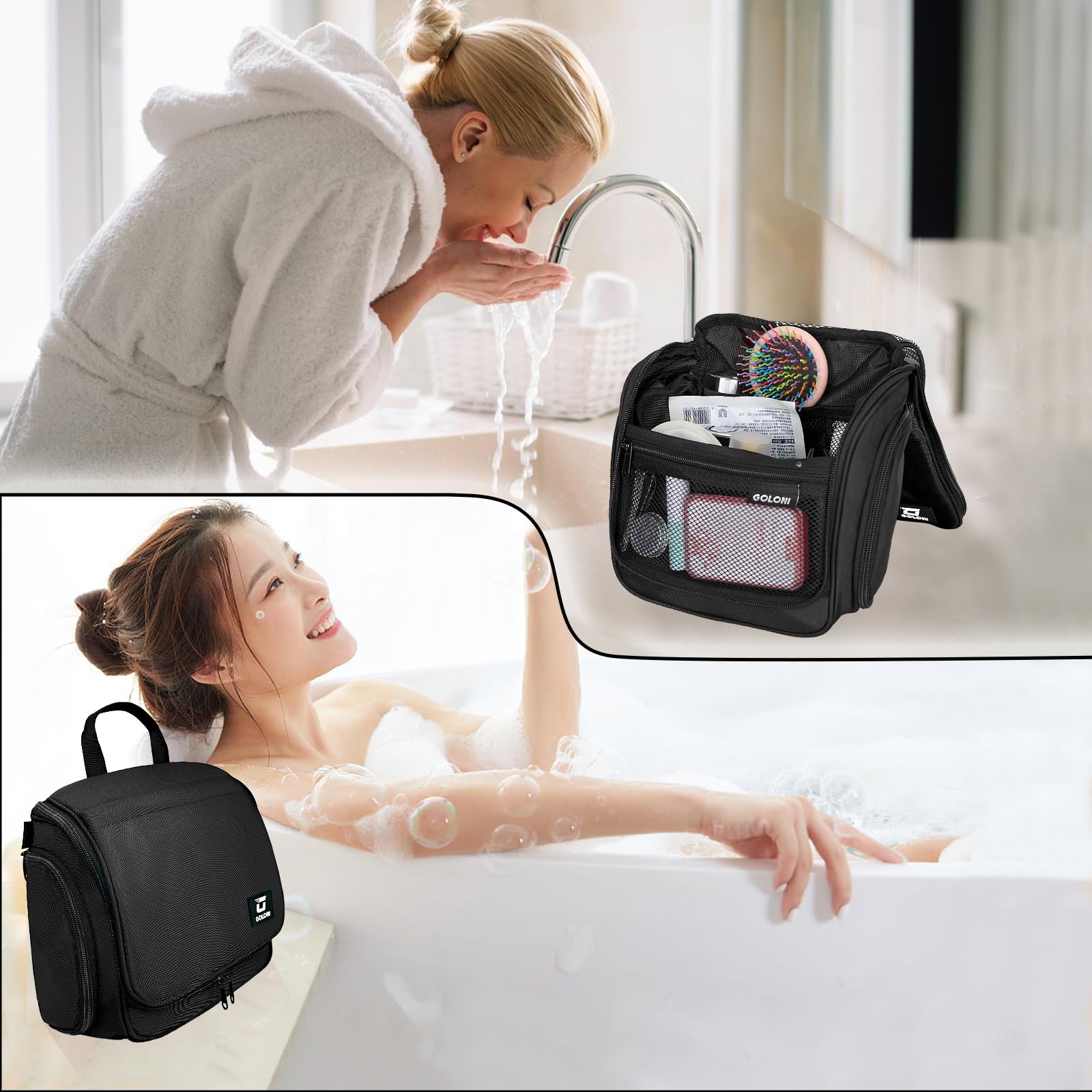 Goloni in bathroom setup demonstrating tidy storage and easy reach