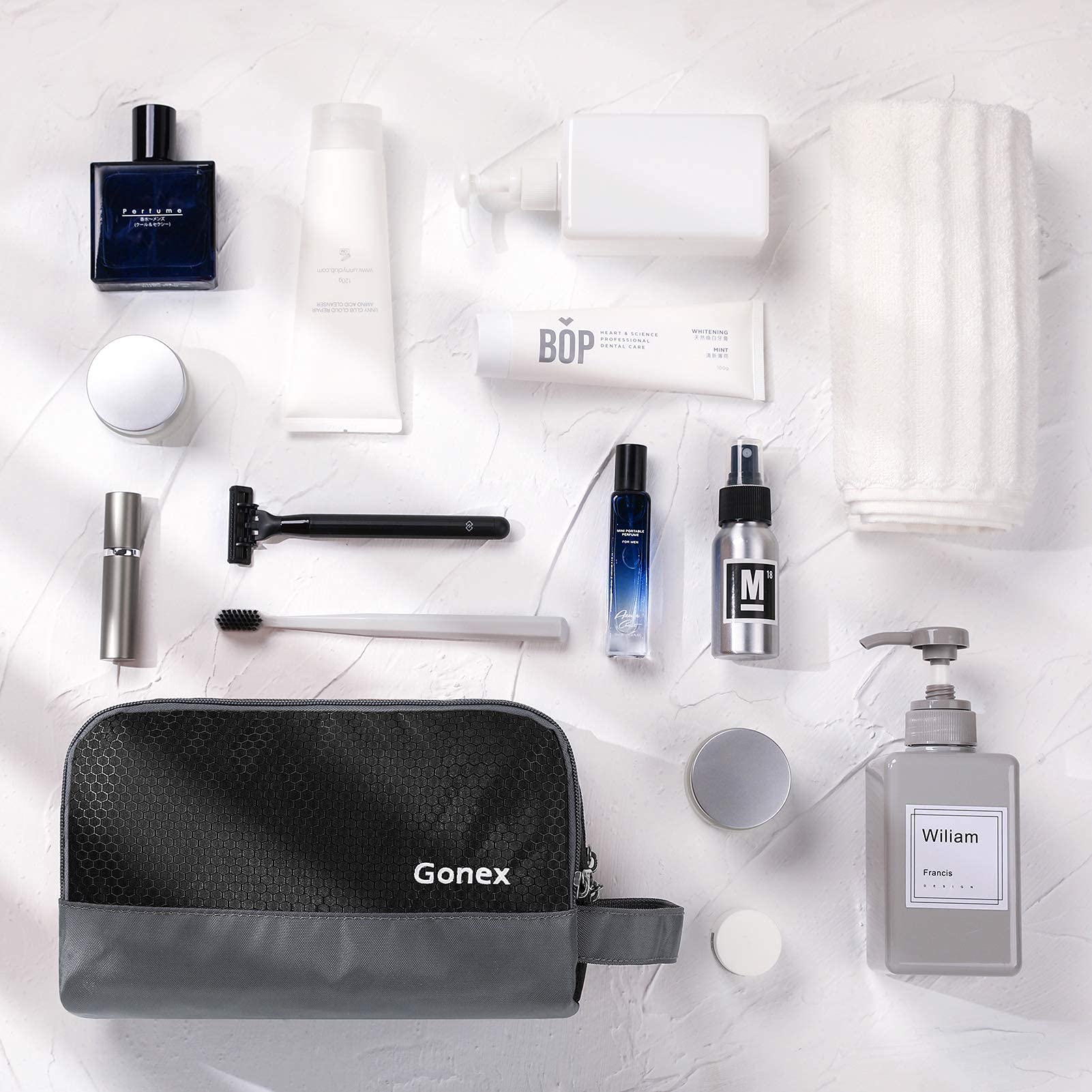 Gonex on bathroom counter in use illustrating tidy organization and travel readiness