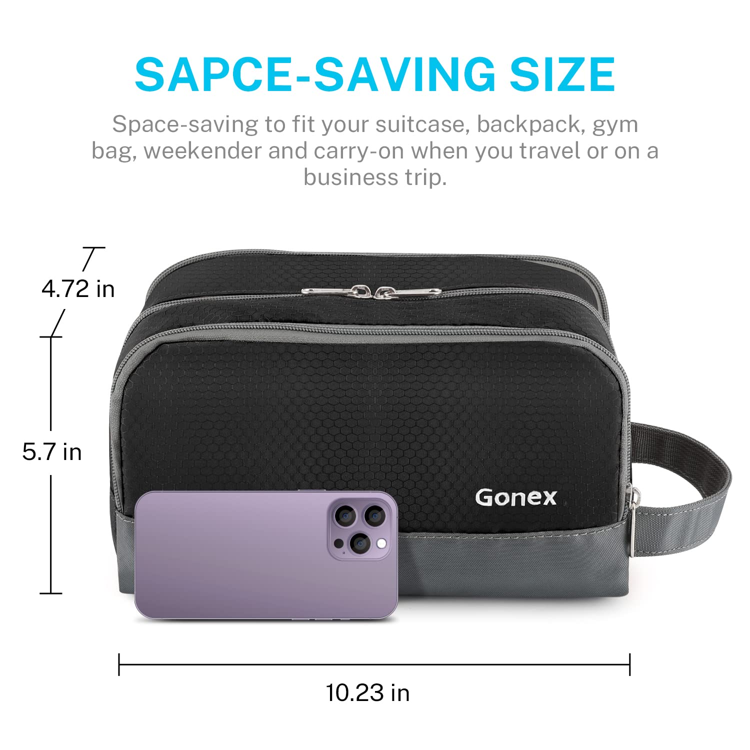 Gonex toiletry bag on suitcase to show compact size and packing convenience
