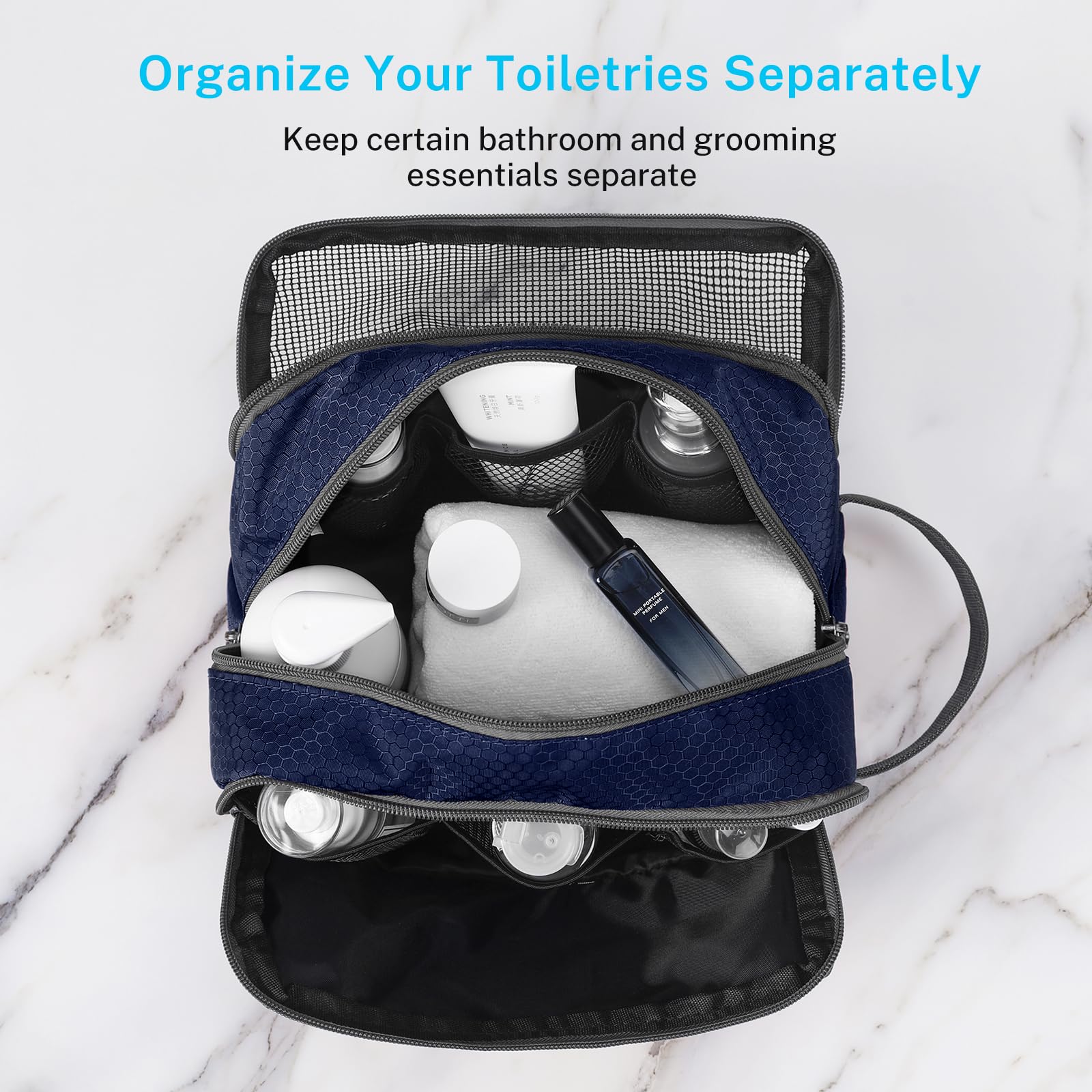 Gonex toiletry bag hanging in bathroom for hands-free access and tidy grooming