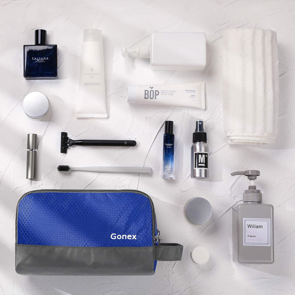 Gonex toiletry bag on gym bench showing versatile everyday use