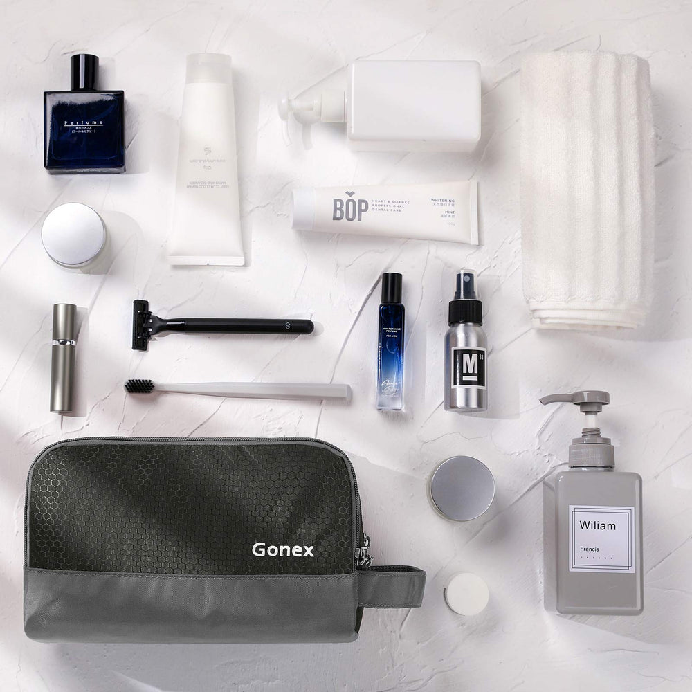Gonex toiletry bag on travel counter conveying quick access and travel readiness