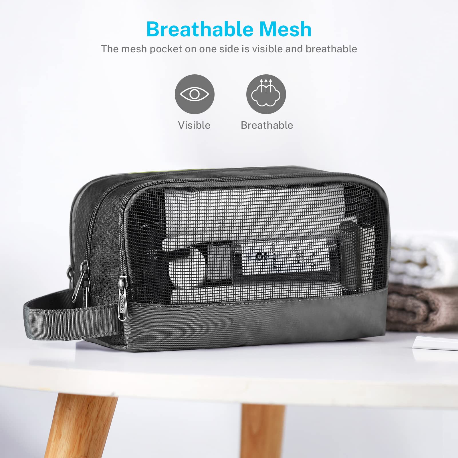 Gonex toiletry bag mesh pocket closeup for visible, ventilated small item storage