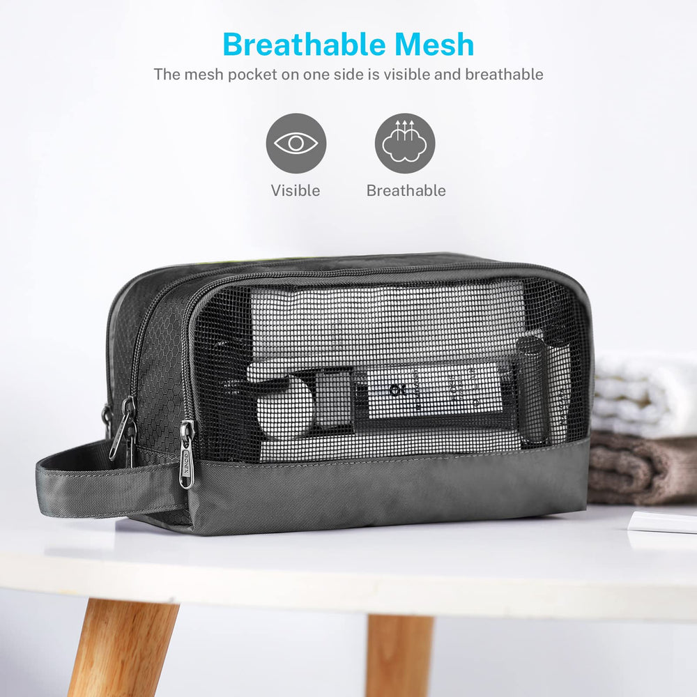 Gonex toiletry bag mesh pocket closeup for visible, ventilated small item storage
