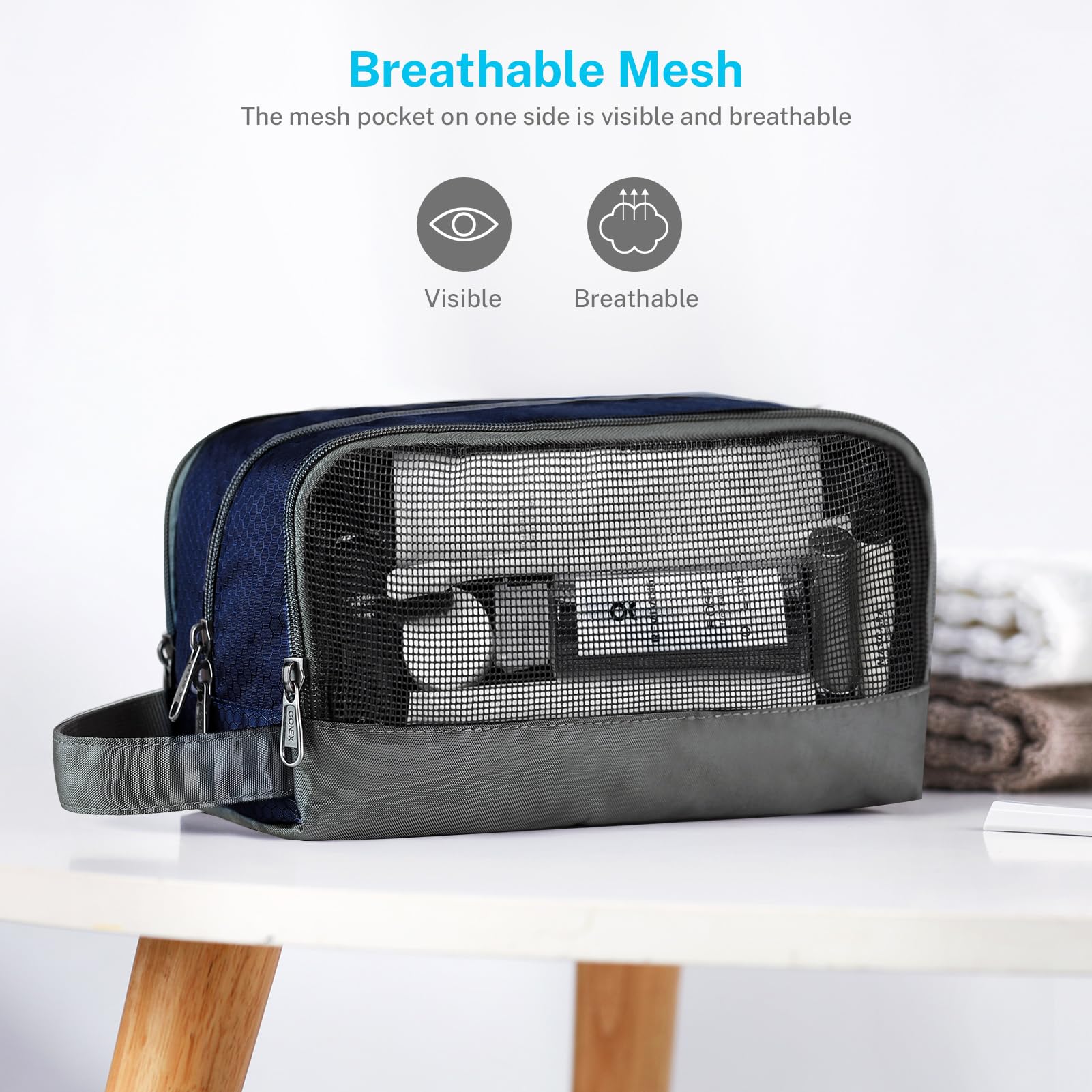Gonex toiletry bag packed inside a suitcase to show compact travel-friendly size