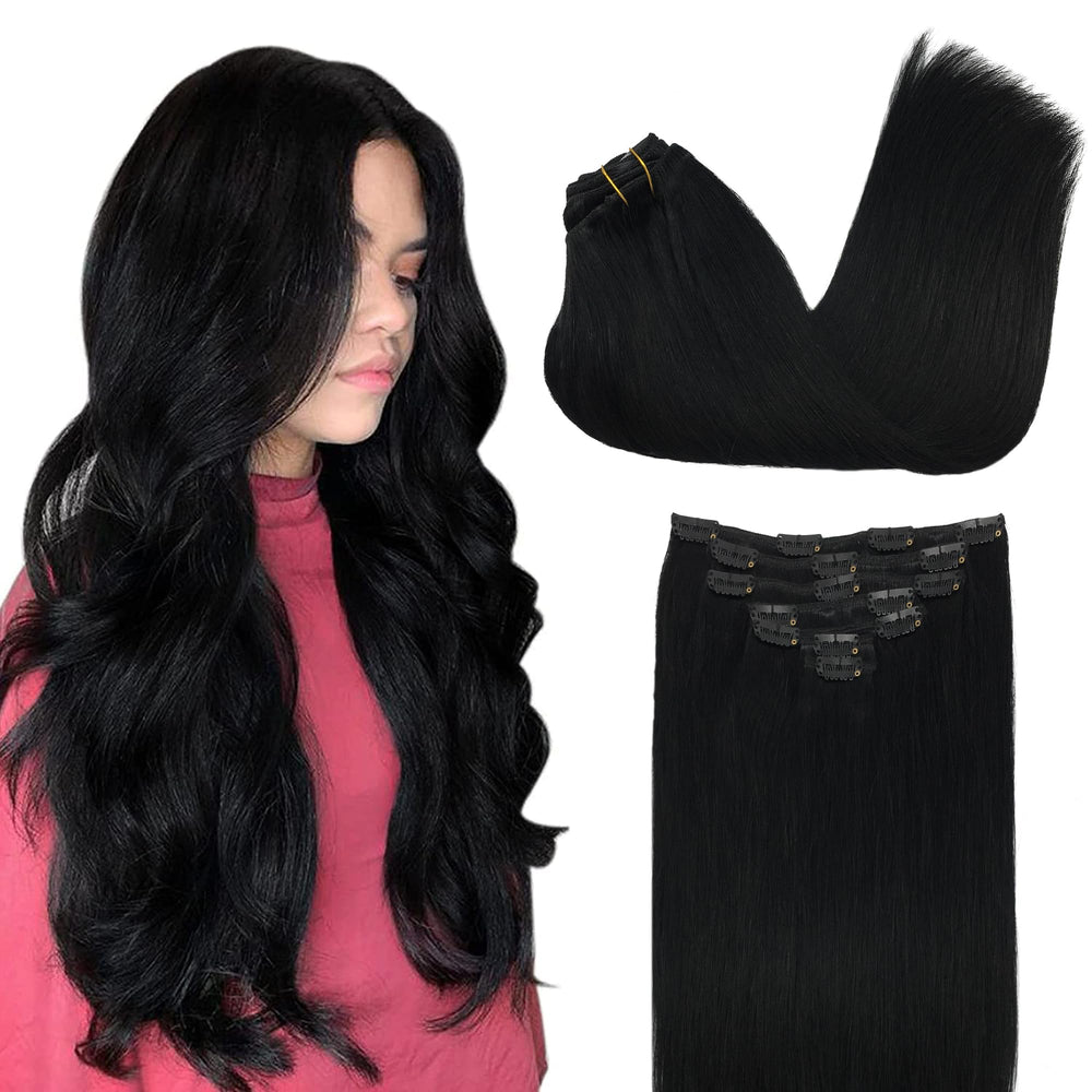 GOO GOO front packaging of 18-inch jet black extensions showing neat wefts and branding benefit long-lasting wear