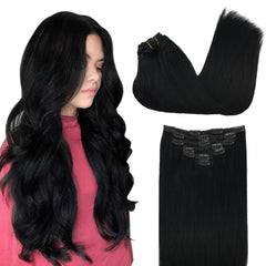 GOO GOO front packaging of 18-inch jet black extensions showing neat wefts and branding benefit long-lasting wear