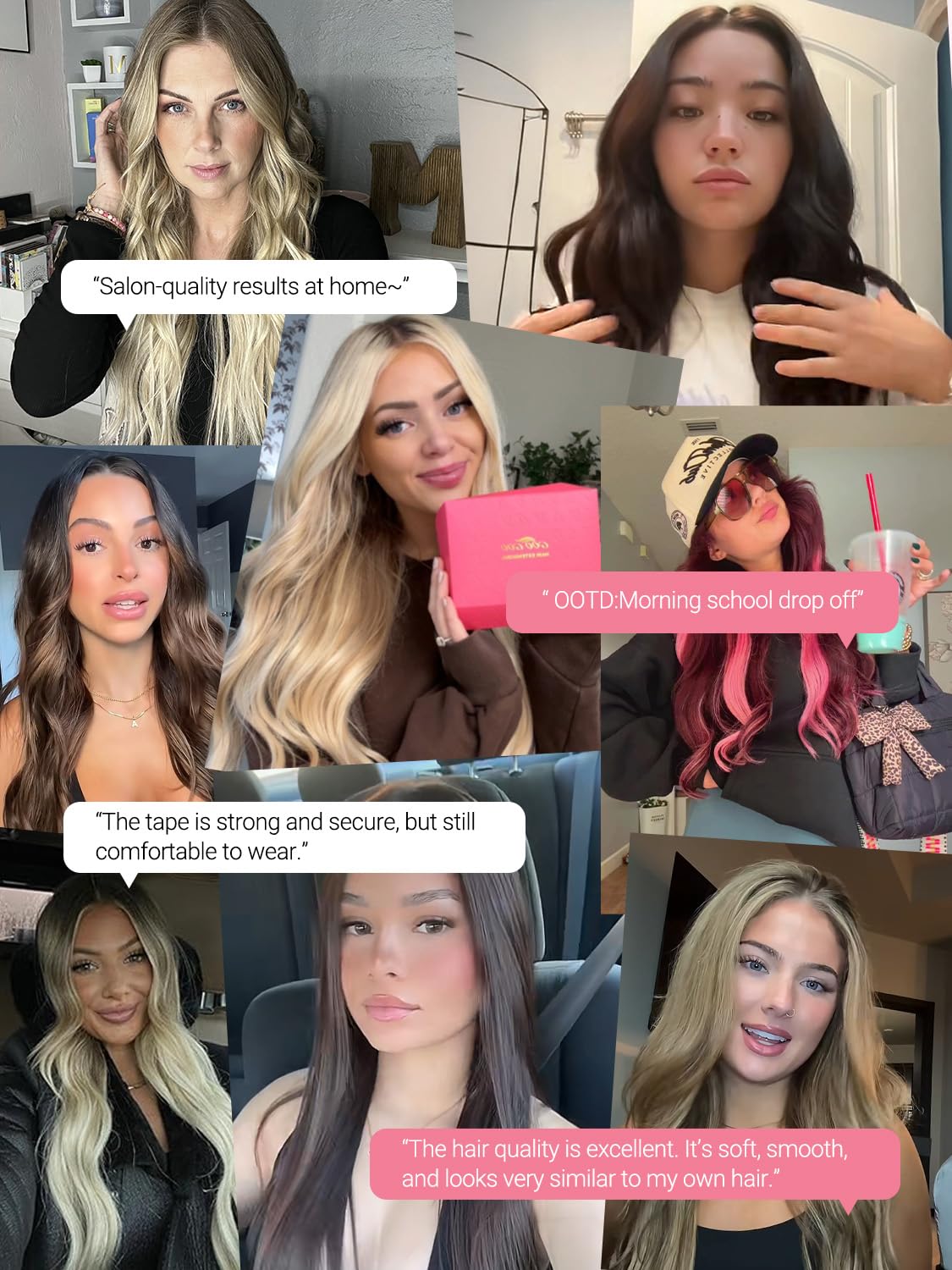 GOO GOO styled curled extensions in a lifestyle scene showing wearable salon results