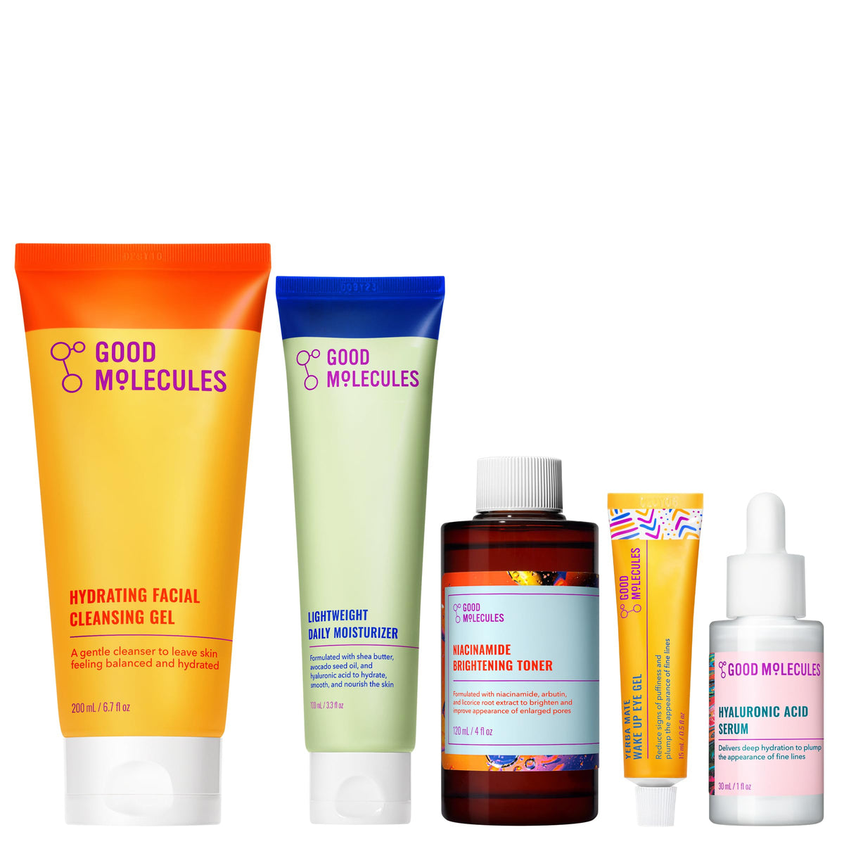 Good Molecules five-piece kit front packaging showing full routine benefits