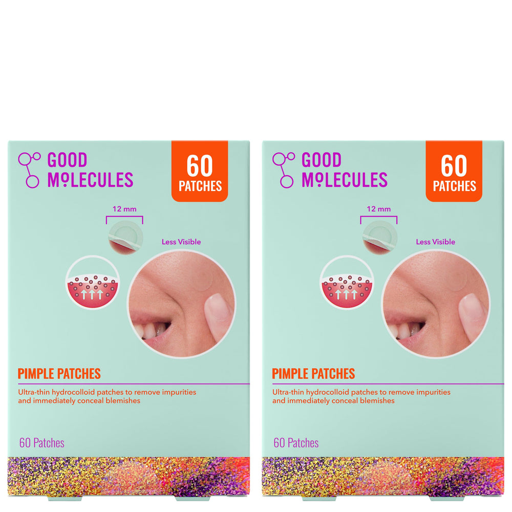 Good Molecules front packaging showing two 60-count pimple patch packs, easy storage benefit
