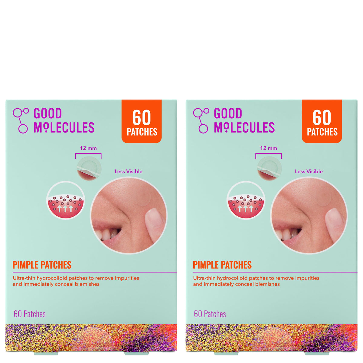 Good Molecules front packaging showing two 60-count pimple patch packs, easy storage benefit