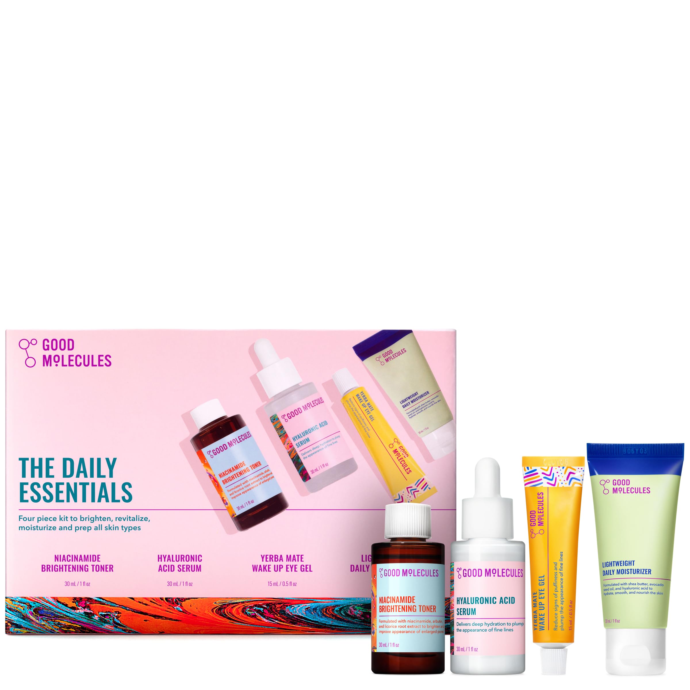 Good Molecules front packaging showing the four mini essentials and benefits for travel