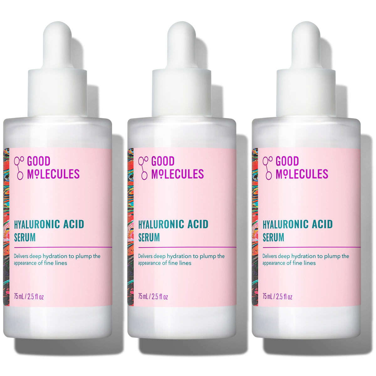 Good Molecules front packaging showing three bottles and easy identification benefit
