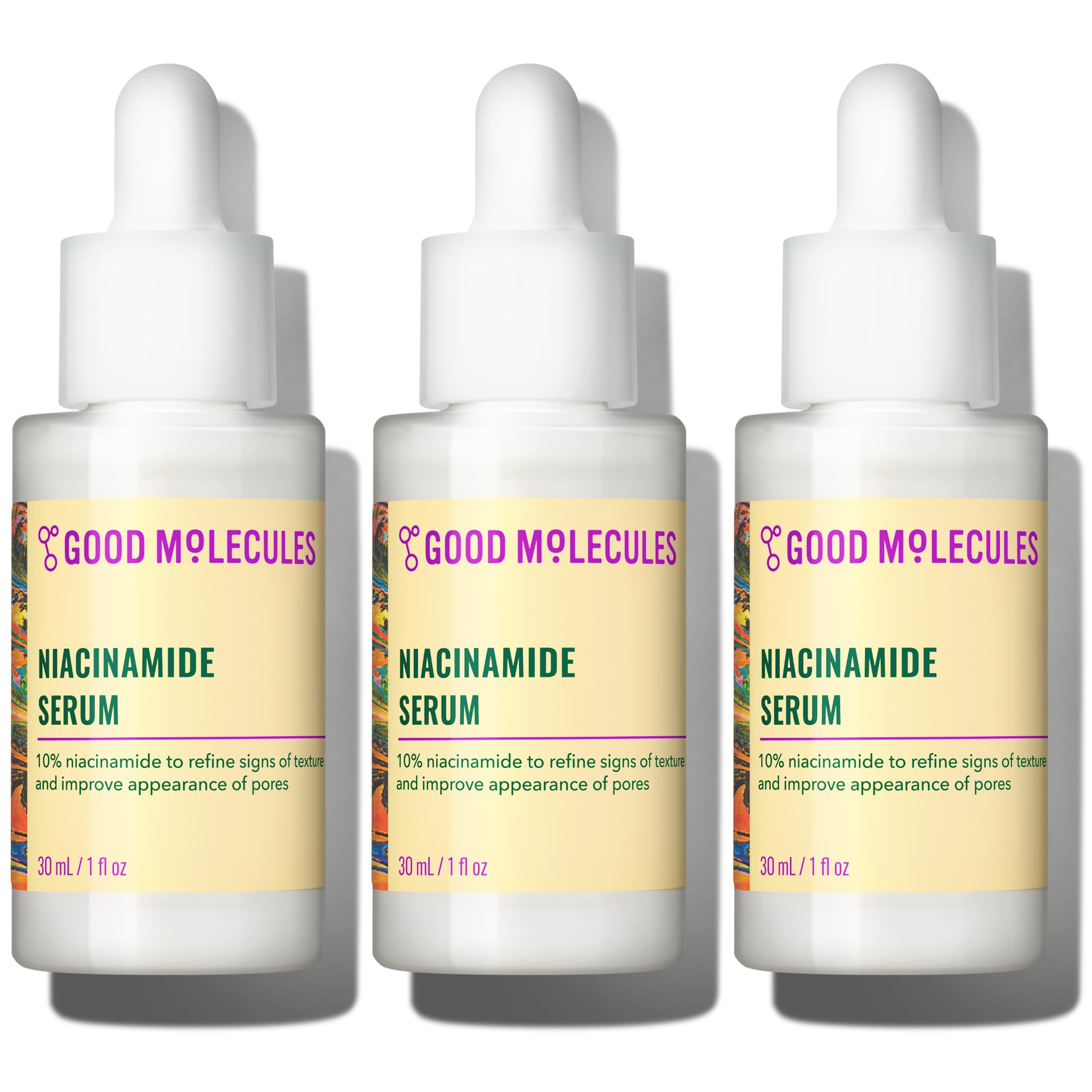 Good Molecules front packaging showing three 30 ml bottles, steady supply benefit
