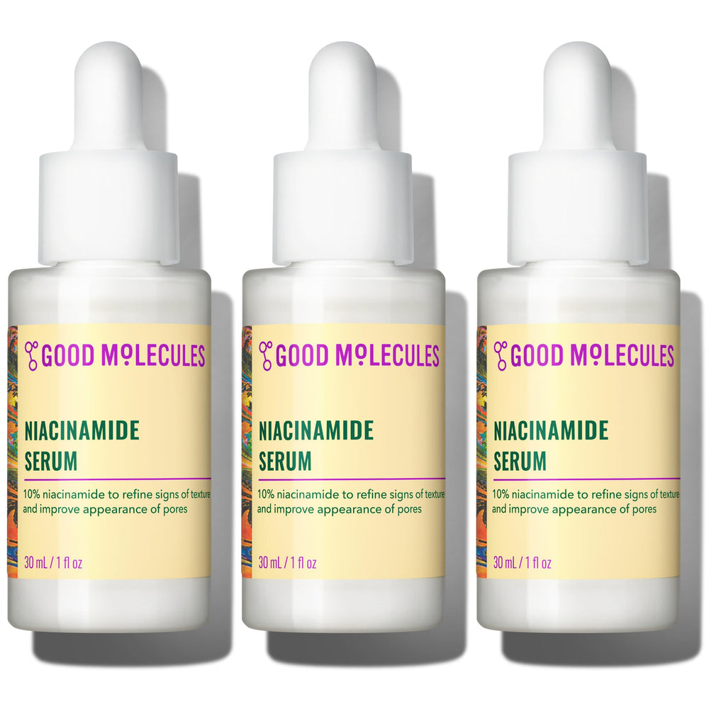 Good Molecules front packaging showing three 30 ml bottles, steady supply benefit