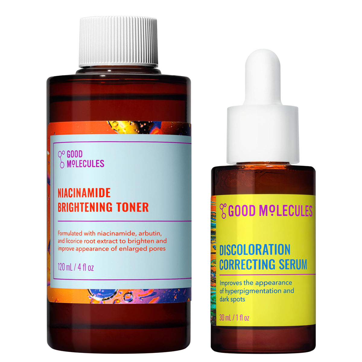 Good Molecules front packaging showing duo set for even skin tone and clarity