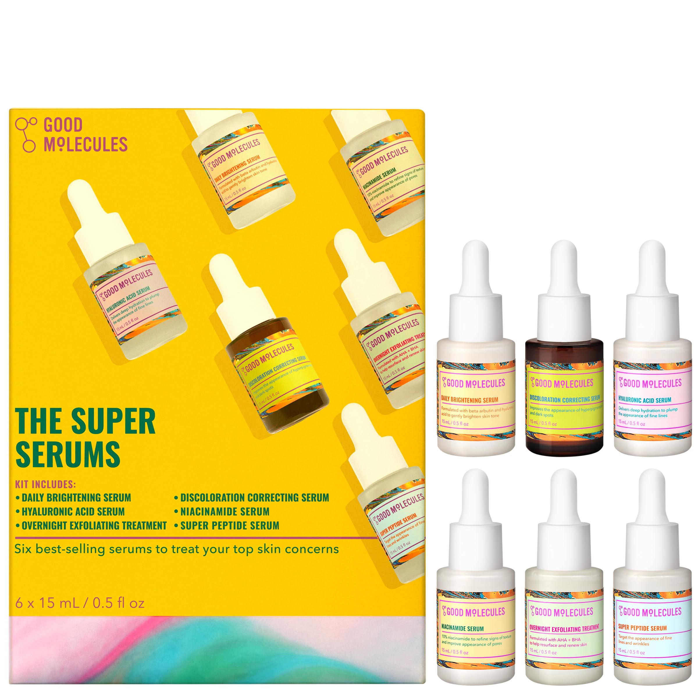 Good Molecules front of discovery set box showing all six mini serums and gift-ready packaging benefit