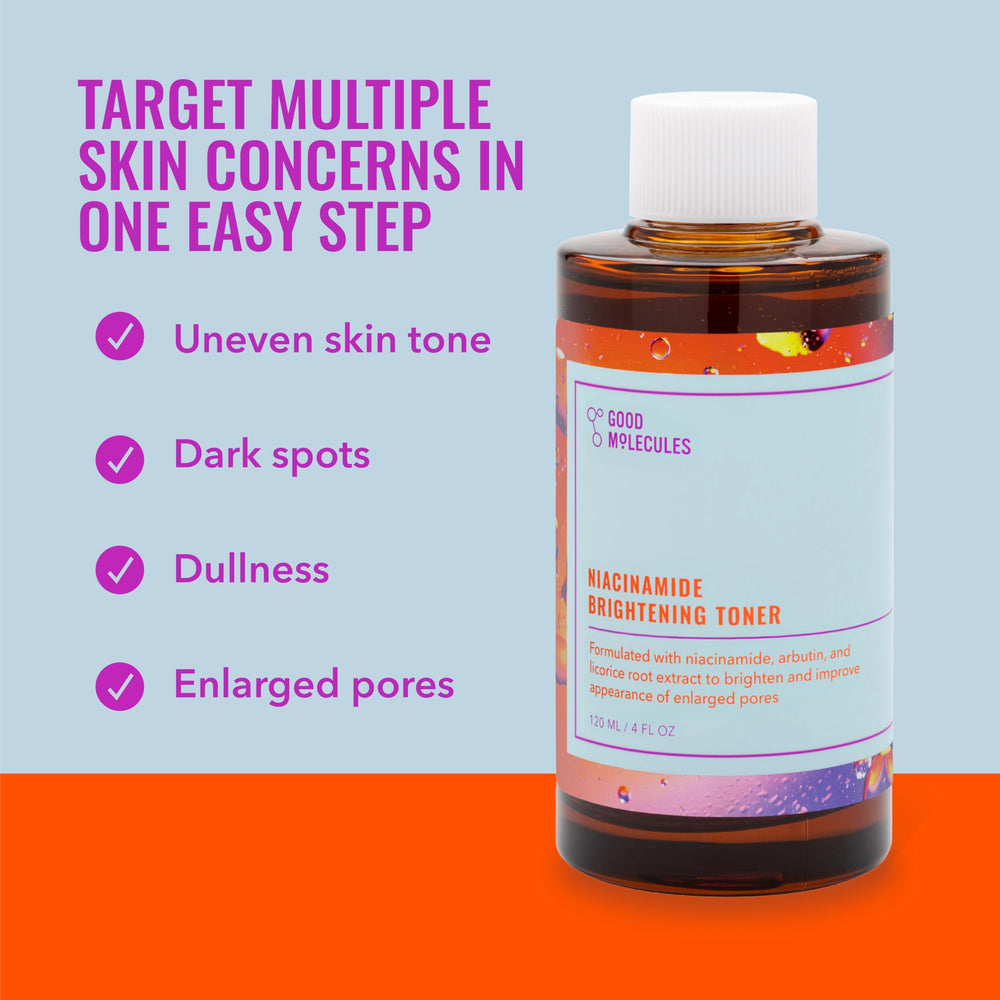 Good Molecules toner placed on bathroom shelf for easy routine