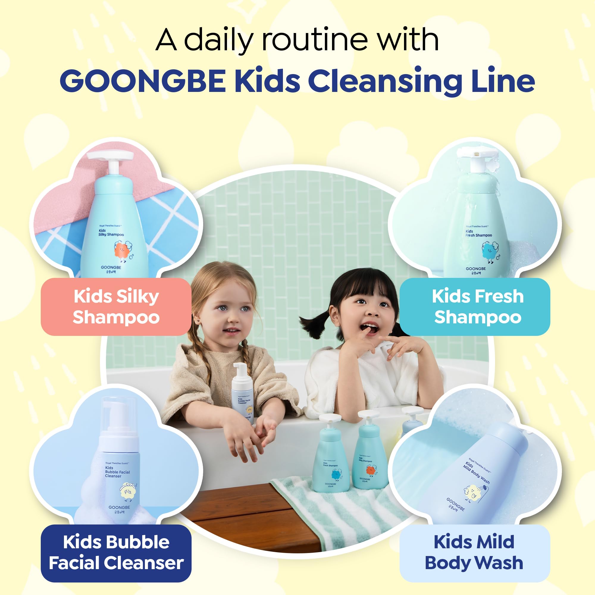 GOONGBE shampoo used in bathroom setting encouraging calm baths