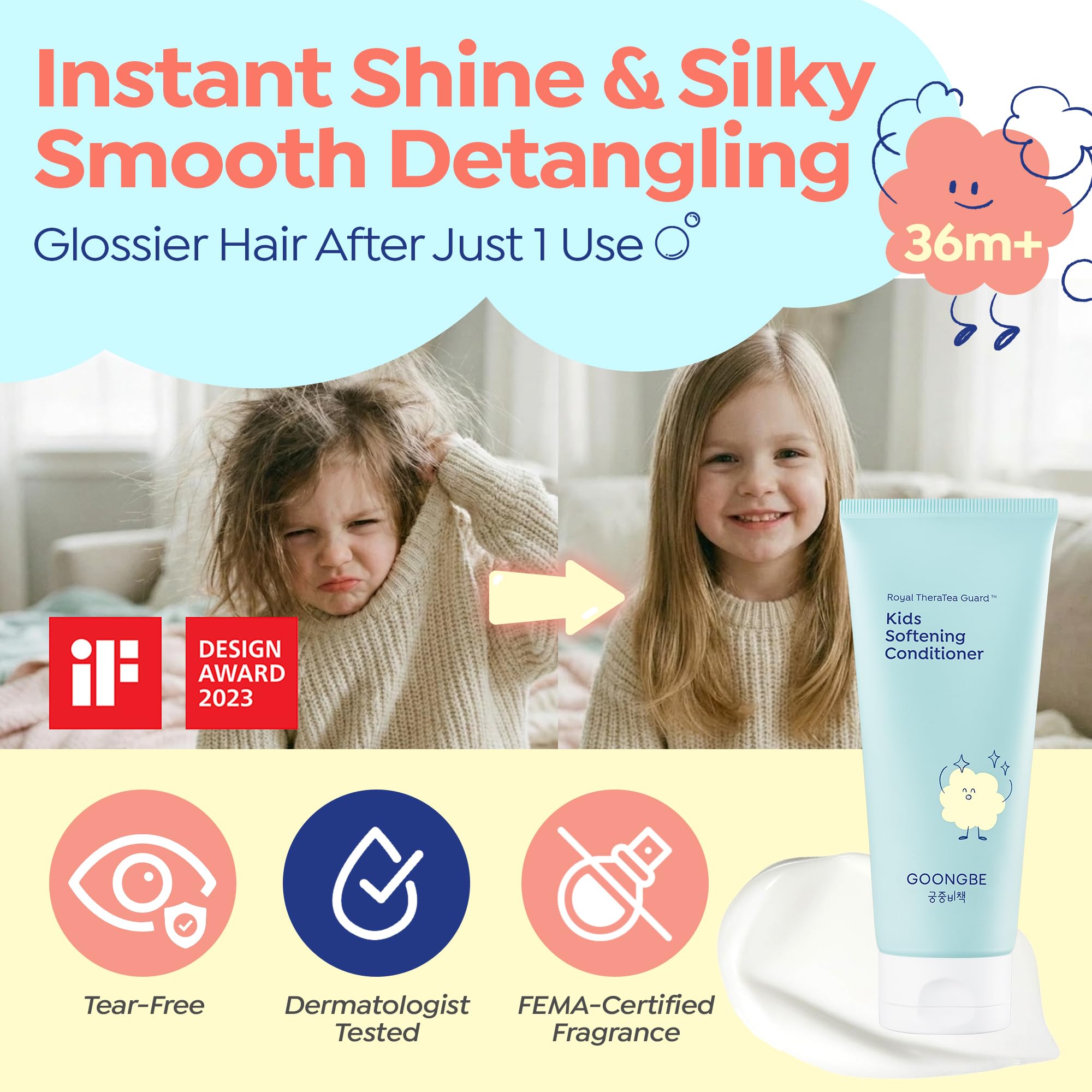 GOONGBE shampoo pouring into a hand showing gentle, tear‑tested cleansing